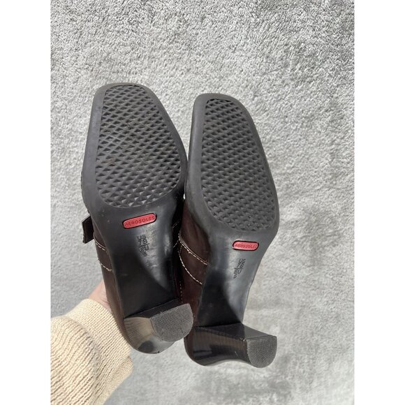 vtg Woman’s 7 Square Toe Leather Mule Heels Brown Block Heel Slip On Minimalist - Picture 6 of 8